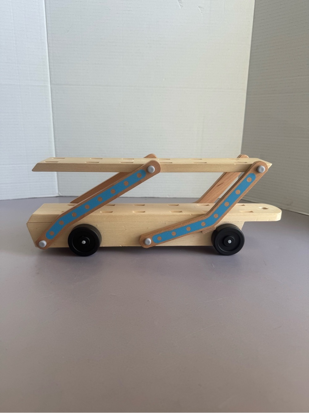 Melissa & Doug Natural Wood Toy Car Carrier with Light Blue Accents
